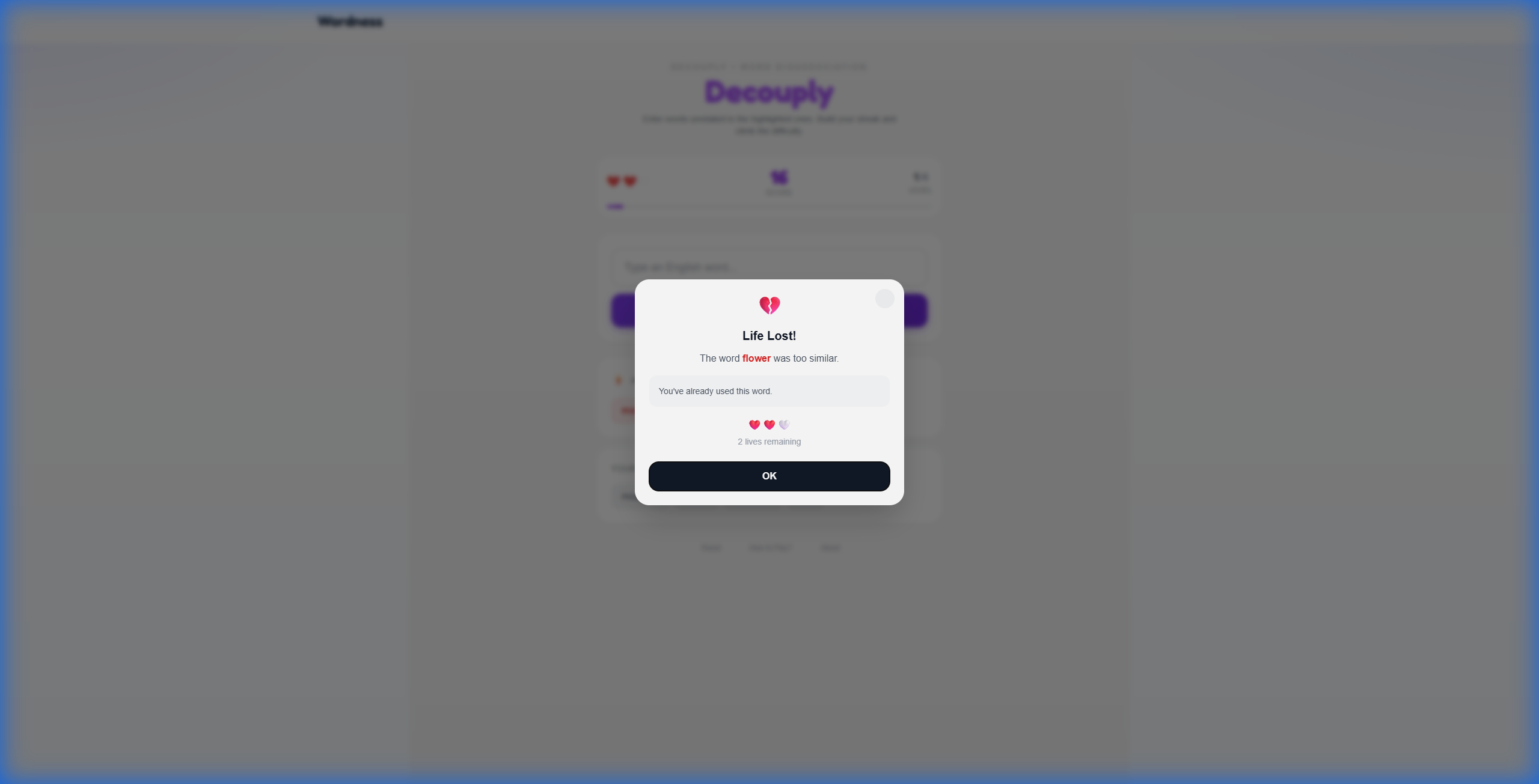Decouply life loss popup showing semantic connection explanation